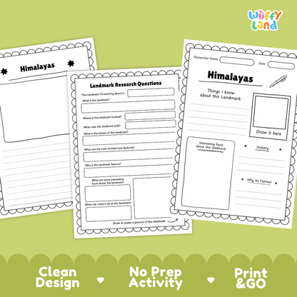 Three printable worksheet pages for studying the Himalayas, displayed on a light green background with decorative scalloped shapes and the text 'Clean Design', 'No Prep Activity', and 'Print & GO'. The 'Wiffly Land' brand logo appears in the top right corner.
