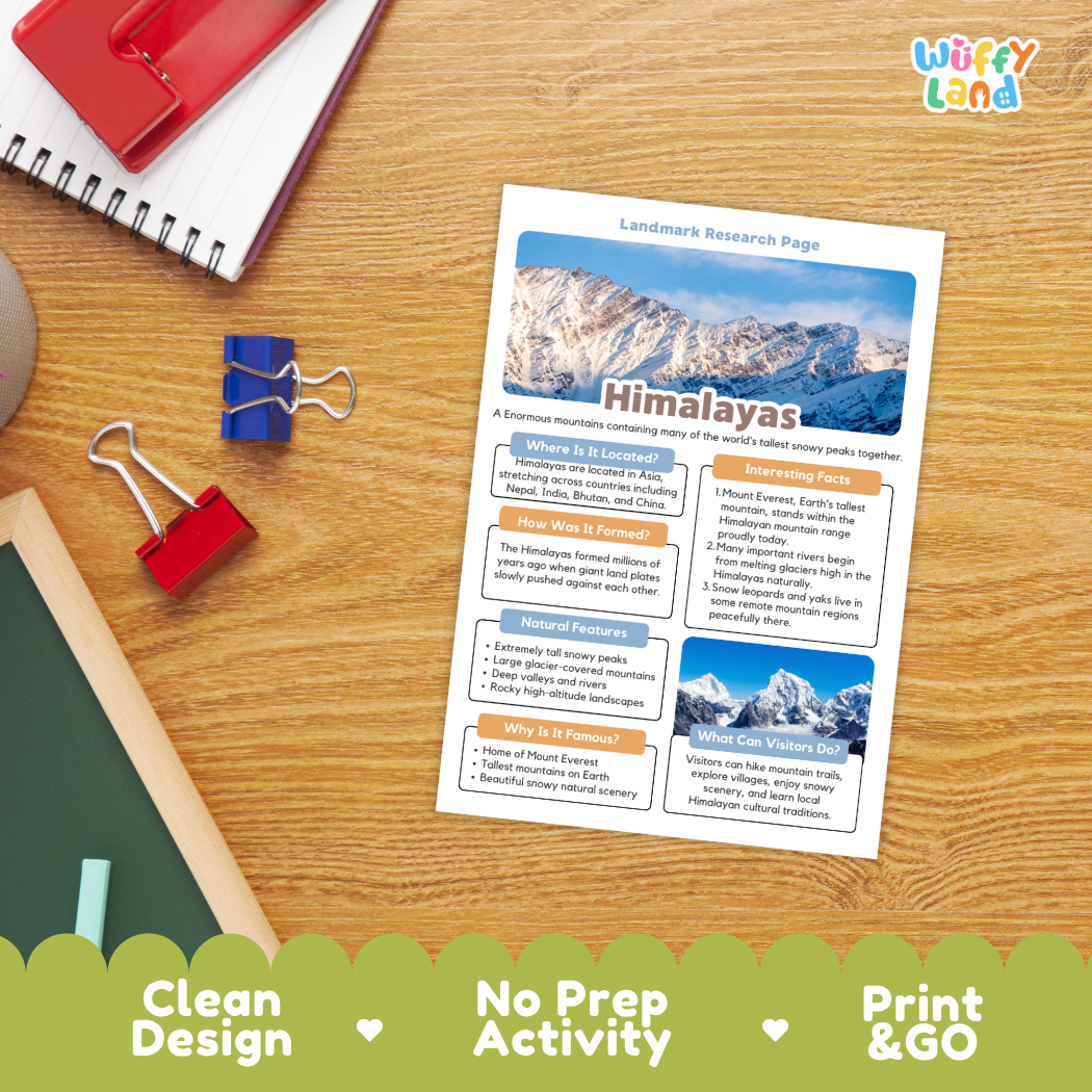 A printed educational poster about the Himalayas lies on a wooden desk, surrounded by school supplies including a red notebook, blue binder clips, a pencil, and a green chalkboard. The poster has a mountain photo at the top and labeled sections about the land, scenery, natural features, and why it is important.