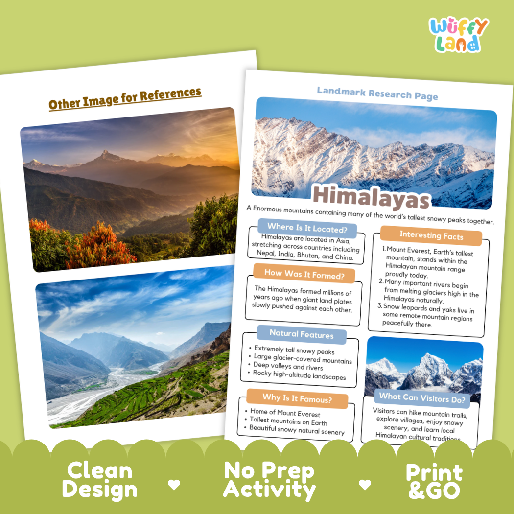 A product mockup showing a 'Himalayas Landmark Research Page' educational worksheet next to a printed landscape photo of Mount Everest. The worksheet features colorful informational boxes about the Himalayas, and the background is a soft sage green with text at the bottom reading 'Clean Design', 'No Prep Activity', and 'Print & GO'.