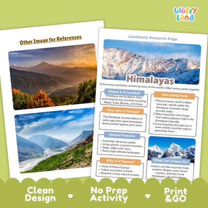 A product mockup showing a 'Himalayas Landmark Research Page' educational worksheet next to a printed landscape photo of Mount Everest. The worksheet features colorful informational boxes about the Himalayas, and the background is a soft sage green with text at the bottom reading 'Clean Design', 'No Prep Activity', and 'Print & GO'.