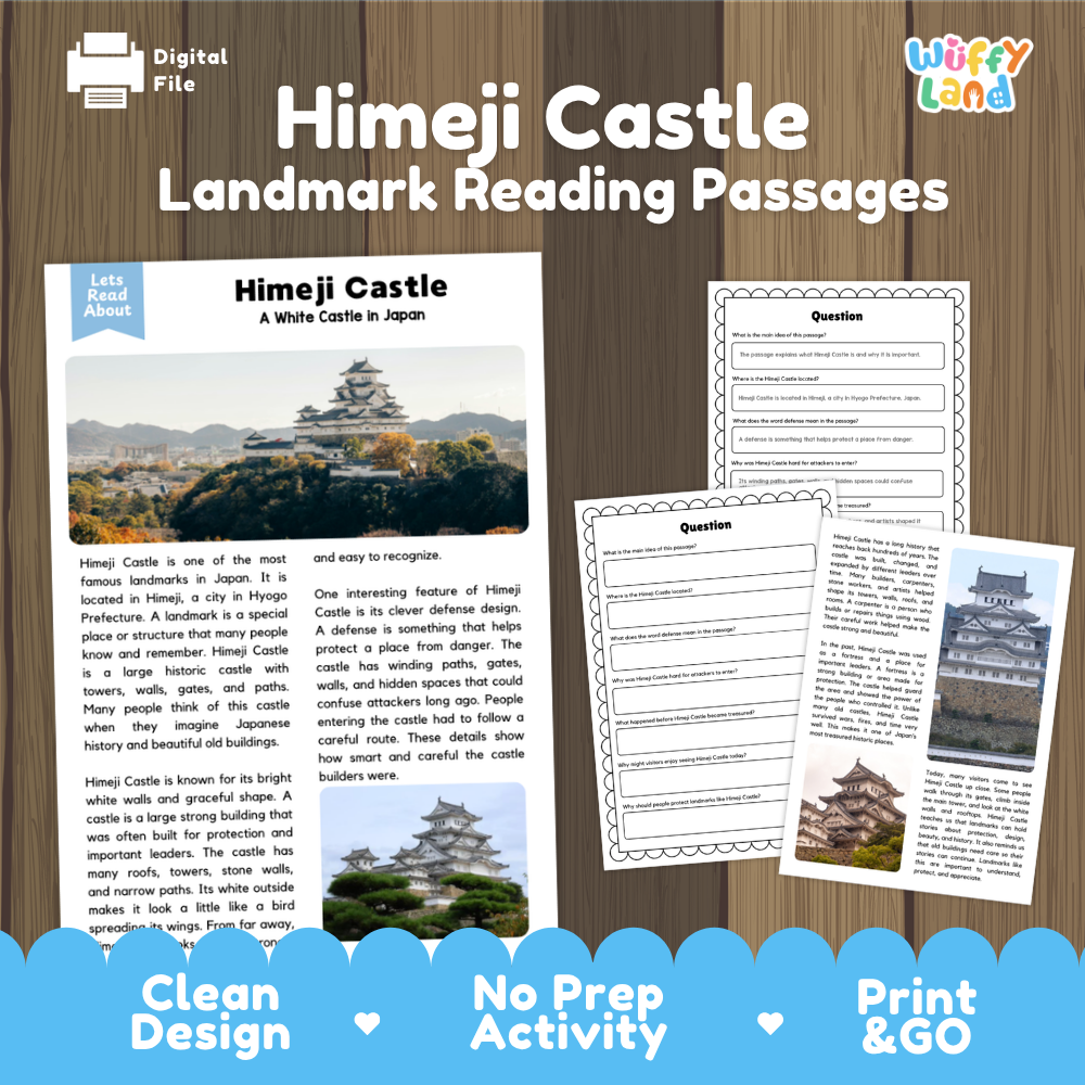 Digital reading activity bundle for Himeji Castle, featuring printable reading passages, a worksheet, and an answer key on a wood-textured background with a blue banner at the bottom.