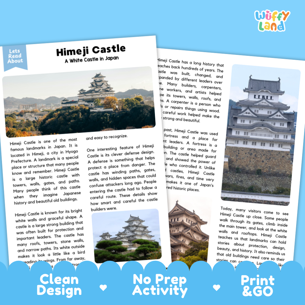 Two printed educational activity sheets about Himeji Castle in Japan, shown overlapping on a white background. The sheets include a small landscape photo of the castle, paragraphs of text, and decorative blue banners at the bottom reading 'Clean Design', 'No Prep Activity', and 'Print & Go'.