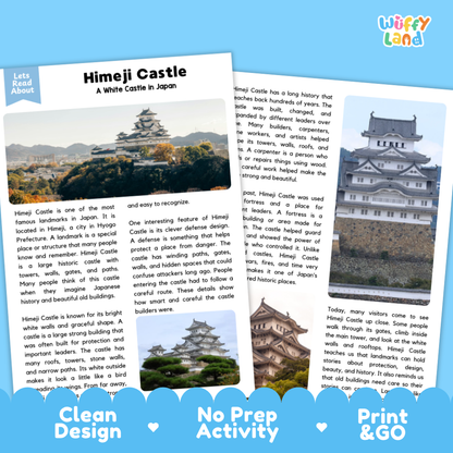 Two printed educational activity sheets about Himeji Castle in Japan, shown overlapping on a white background. The sheets include a small landscape photo of the castle, paragraphs of text, and decorative blue banners at the bottom reading 'Clean Design', 'No Prep Activity', and 'Print & Go'.