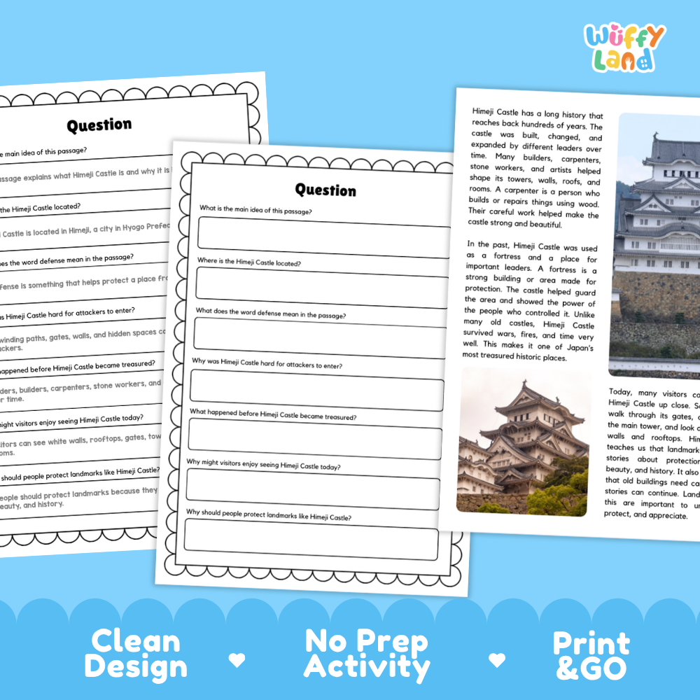 Three printable worksheet pages for a 'Himic Castle' reading comprehension activity, displayed on a blue background with promotional text reading 'Clean Design', 'No Prep Activity', and 'Print & Go'. The pages feature black text, white backgrounds, and decorative borders, with one page showing an illustration of the Himic Castle.