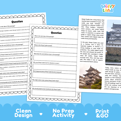 Three printable worksheet pages for a 'Himic Castle' reading comprehension activity, displayed on a blue background with promotional text reading 'Clean Design', 'No Prep Activity', and 'Print & Go'. The pages feature black text, white backgrounds, and decorative borders, with one page showing an illustration of the Himic Castle.