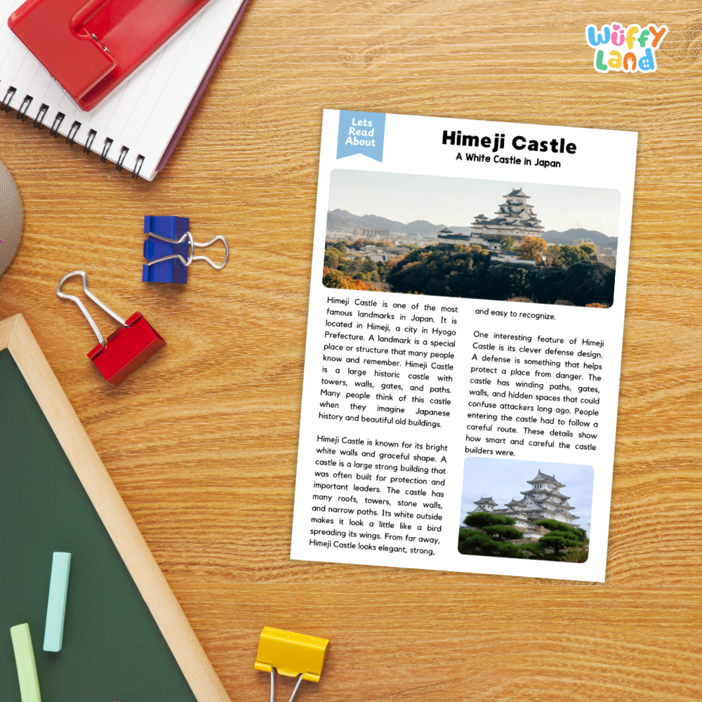 A printed educational worksheet about Himeji Castle laid on a wooden desk, surrounded by school supplies including a spiral notebook, red notebook cover, green folder, and binder clips.