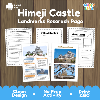 Digital worksheet cover for a Himeji Castle landmarks research page, shown with several printable activity sheets on a wood background. The cover reads 'Himeji Castle Landmarks Researach Page' and includes the brand name 'Wiffy Land' in the top right.