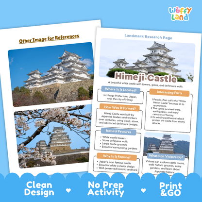 A promotional graphic for a Himeji Castle landmark research page activity. The right side shows a printed-style worksheet page titled 'Himeji Castle' with text boxes, a small map, and a castle photo.
