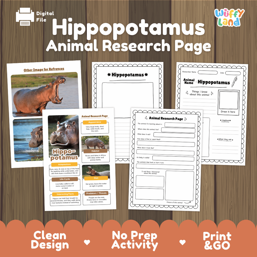 Hippopotamus Animal Research Page printable activity sheet set by Wiffly Land, shown as a digital file on a wood-grain background with promotional text and sample pages.