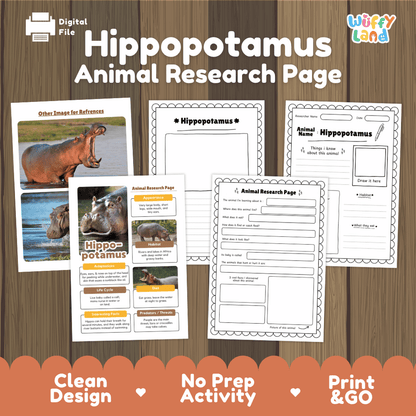 Hippopotamus Animal Research Page printable activity sheet set by Wiffly Land, shown as a digital file on a wood-grain background with promotional text and sample pages.