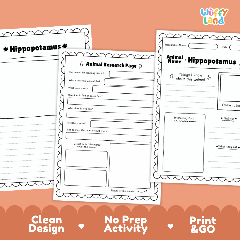 Three printable animal research worksheet pages for hippopotamus displayed on a peach background with orange banners reading 'Clean Design', 'No Prep Activity', and 'Print & GO'. The 'Wiffy Land' brand logo appears in the top right.