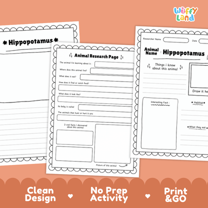 Three printable animal research worksheet pages for hippopotamus displayed on a peach background with orange banners reading 'Clean Design', 'No Prep Activity', and 'Print & GO'. The 'Wiffy Land' brand logo appears in the top right.