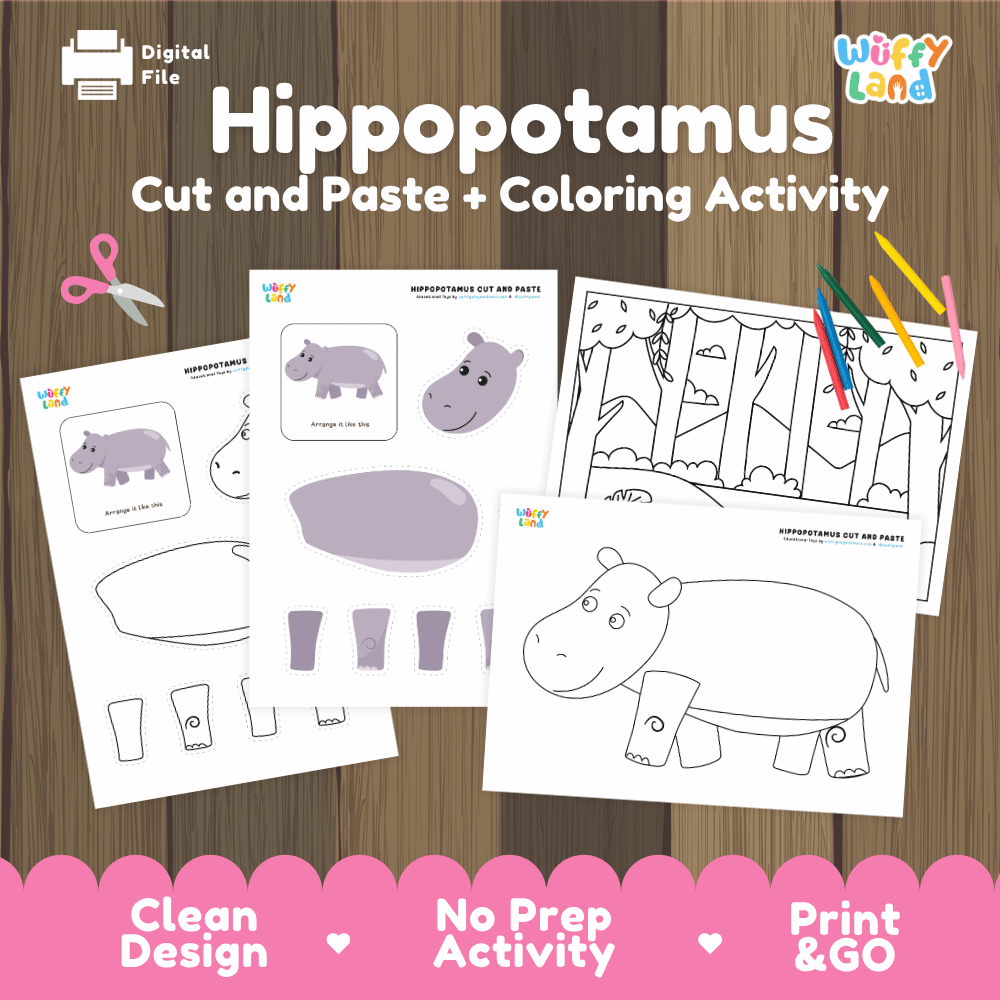 Hippopotamus Cut and Paste Craft and Coloring Activity Worksheets