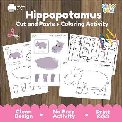 Hippopotamus Cut and Paste Craft and Coloring Activity Worksheets