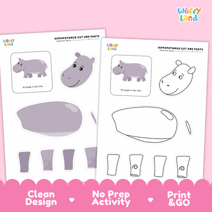 Hippopotamus Cut and Paste Craft and Coloring Activity Worksheets