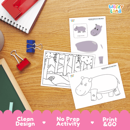 Hippopotamus Cut and Paste Craft and Coloring Activity Worksheets