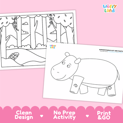 Hippopotamus Cut and Paste Craft and Coloring Activity Worksheets