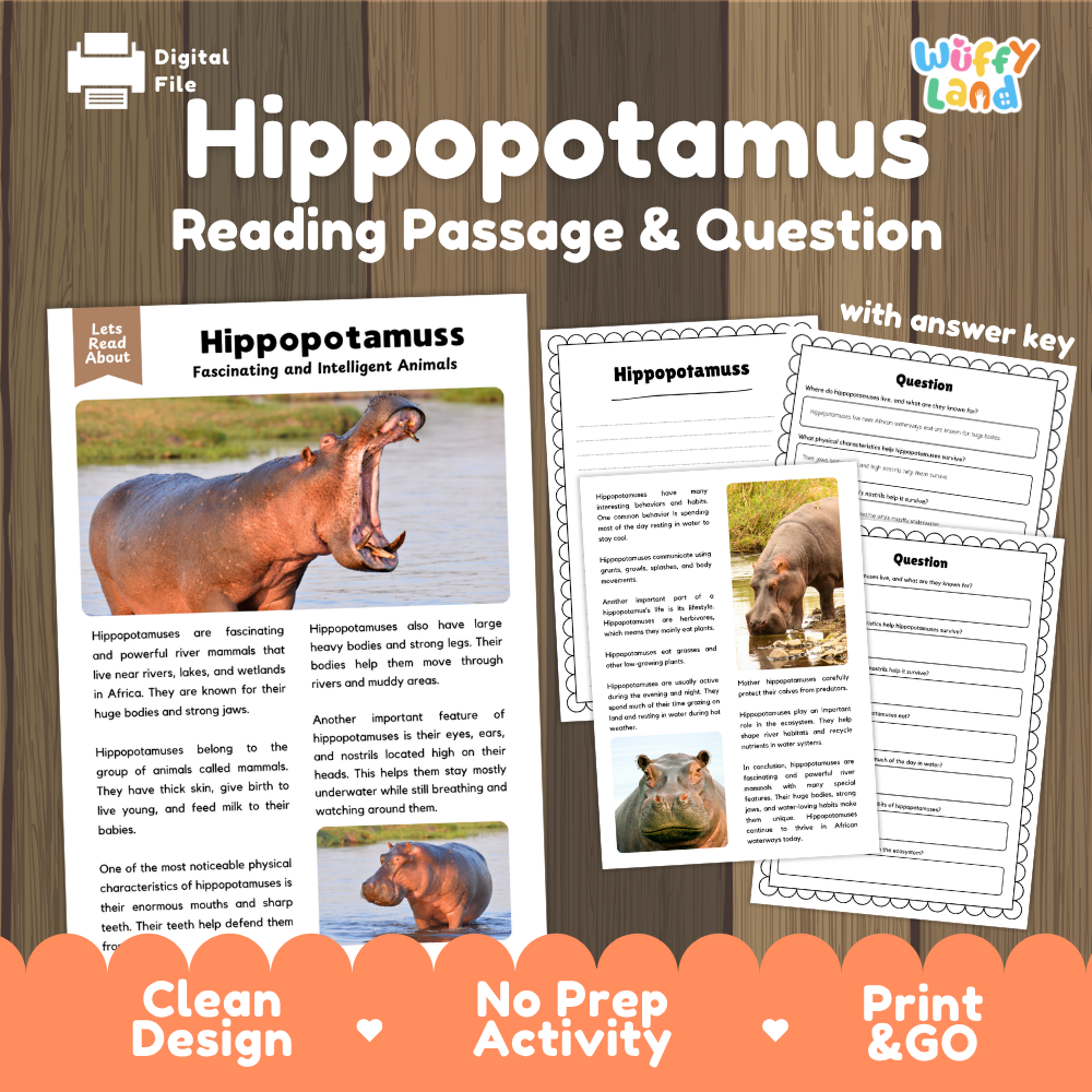 Digital reading activity bundle for 'Hippopotamus' featuring a reading passage, comprehension questions, and an answer key, presented on a wood-grain background with promotional text at the bottom.