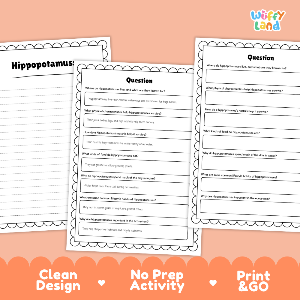 Three printable educational activity sheets about hippos are shown on a peach background with promotional text reading 'Clean Design', 'No Prep Activity', and 'Print & GO'. The sheets include a title heading and several short-answer and fill-in questions.