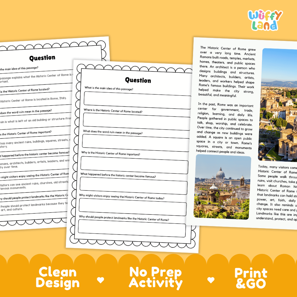 Student reading passage titled An Ancient City Area in Italy detailing Rome historical layers architecture monuments and Italian cityscape photography