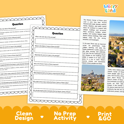 Student reading passage titled An Ancient City Area in Italy detailing Rome historical layers architecture monuments and Italian cityscape photography