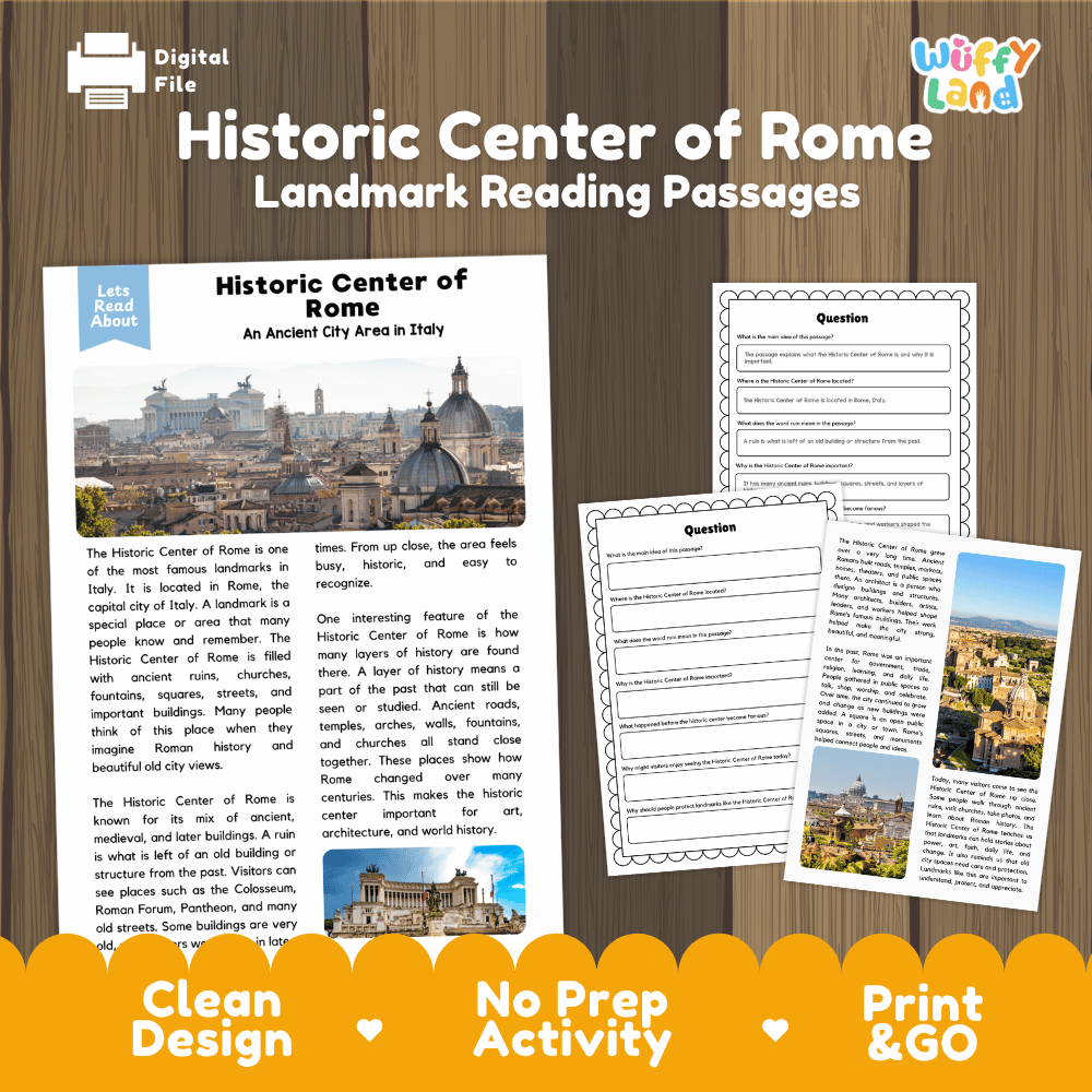 Historic Center of Rome landmark reading passages educational study unit featuring nonfiction reading worksheets and authentic Rome cityscape photography