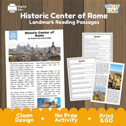 Historic Center of Rome landmark reading passages educational study unit featuring nonfiction reading worksheets and authentic Rome cityscape photography
