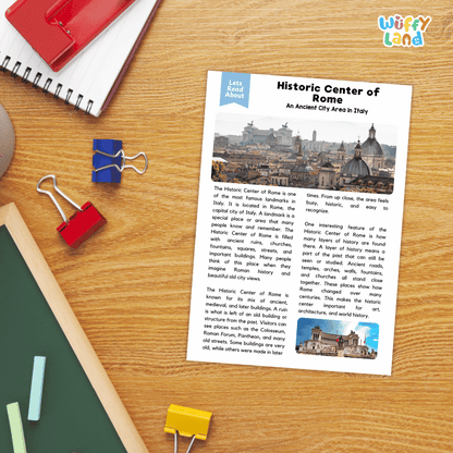 Lined reading comprehension question worksheet covering main ideas vocabulary terms and landmark facts about the Historic Center of Rome