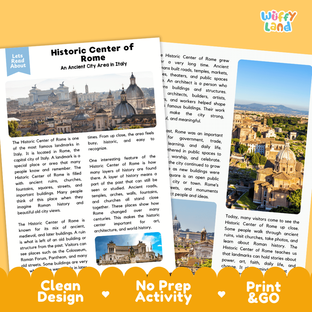 Reference sheet and answer key for Historic Center of Rome landmark reading passage displaying completed comprehension answers and Roman history facts