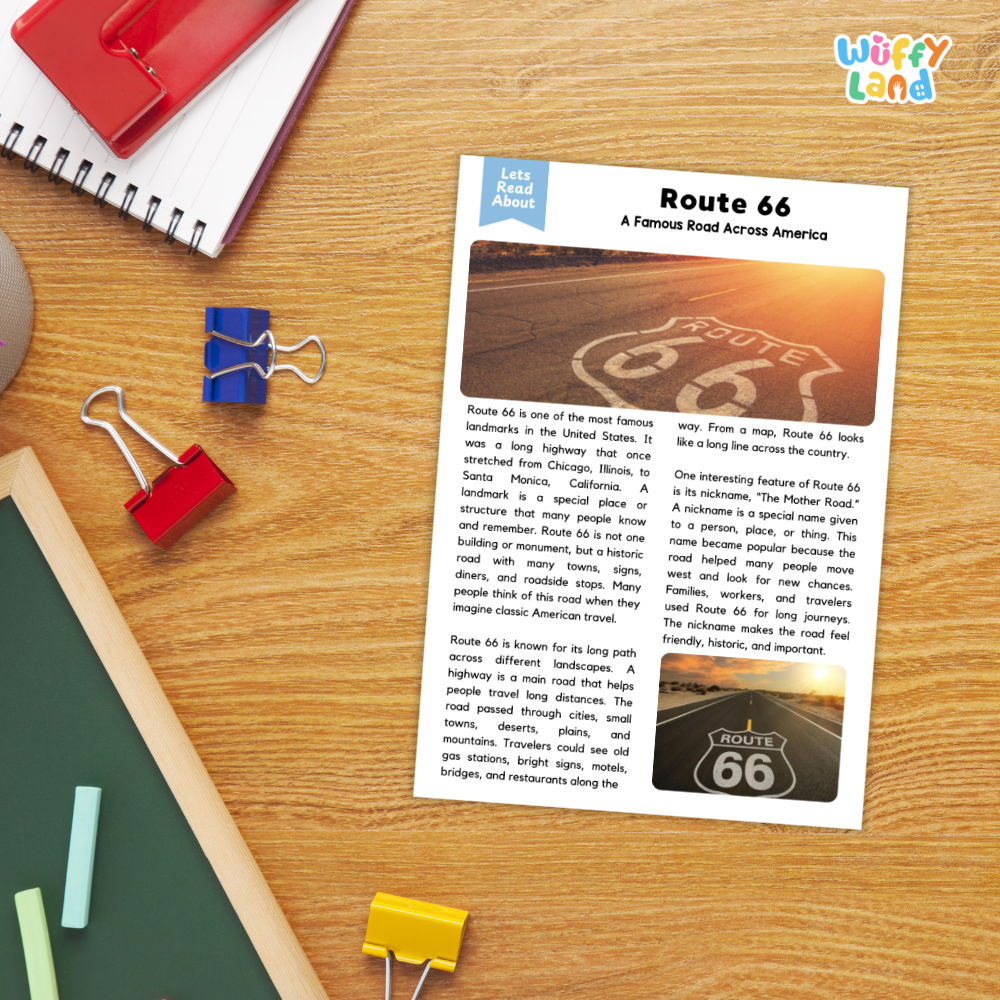 Historic Route 66 US landmark reading worksheet with informational passage and comprehension activities about the Mother Road and its journey across America