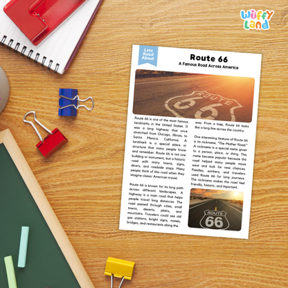 Historic Route 66 US landmark reading worksheet with informational passage and comprehension activities about the Mother Road and its journey across America