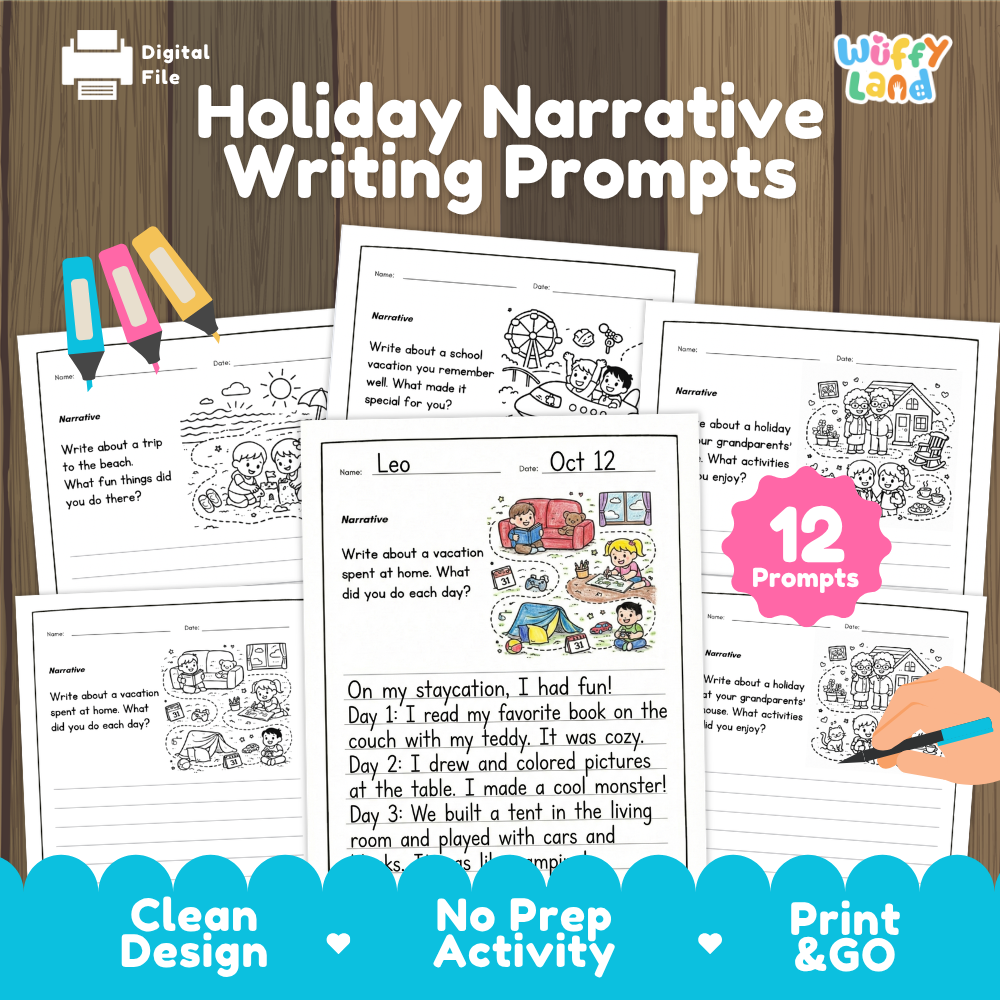Digital product preview for 'Holiday Narrative Writing Prompts' by Wiffly Land, showing multiple printable worksheet pages with holiday-themed writing prompts, a pink '12 Prompts' badge, and a wood-grain background with promotional text at the bottom.