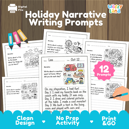 Digital product preview for 'Holiday Narrative Writing Prompts' by Wiffly Land, showing multiple printable worksheet pages with holiday-themed writing prompts, a pink '12 Prompts' badge, and a wood-grain background with promotional text at the bottom.