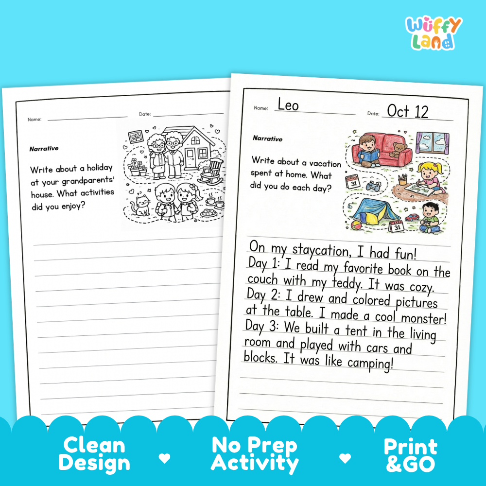 Two printable worksheet pages for a narrative writing activity, shown on a bright blue background with a 'Wiffy Land' logo in the top right and marketing text along the bottom: 'Clean Design,' 'No Prep Activity,' and 'Print & GO.' The pages feature a lined writing area, a short narrative prompt, and small illustrated scenes for children.