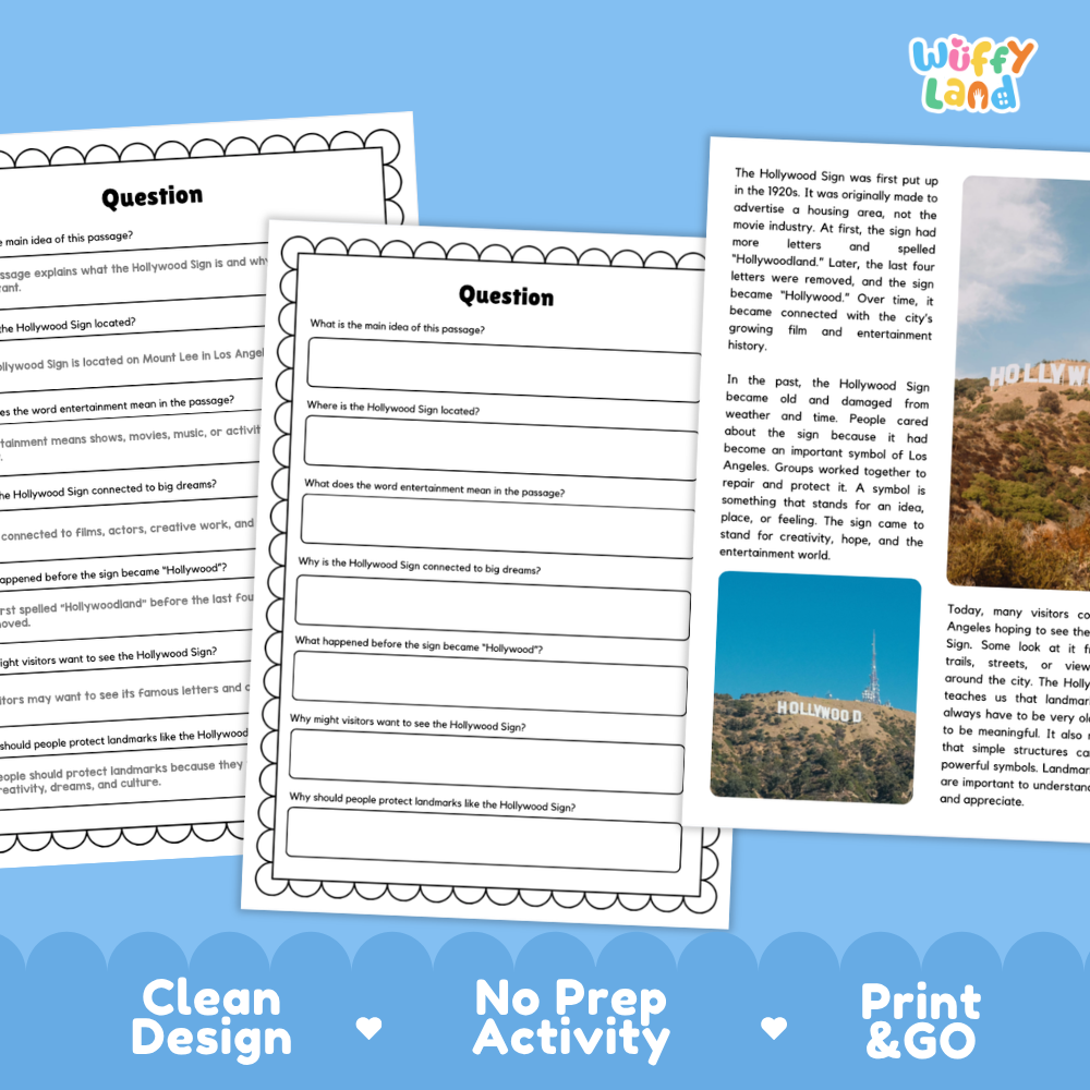 Hollywood Sign Landmark Reading Passages and Comprehension Questions Worksheets