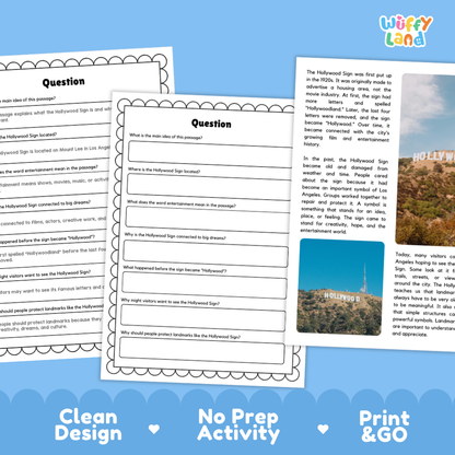 Hollywood Sign Landmark Reading Passages and Comprehension Questions Worksheets