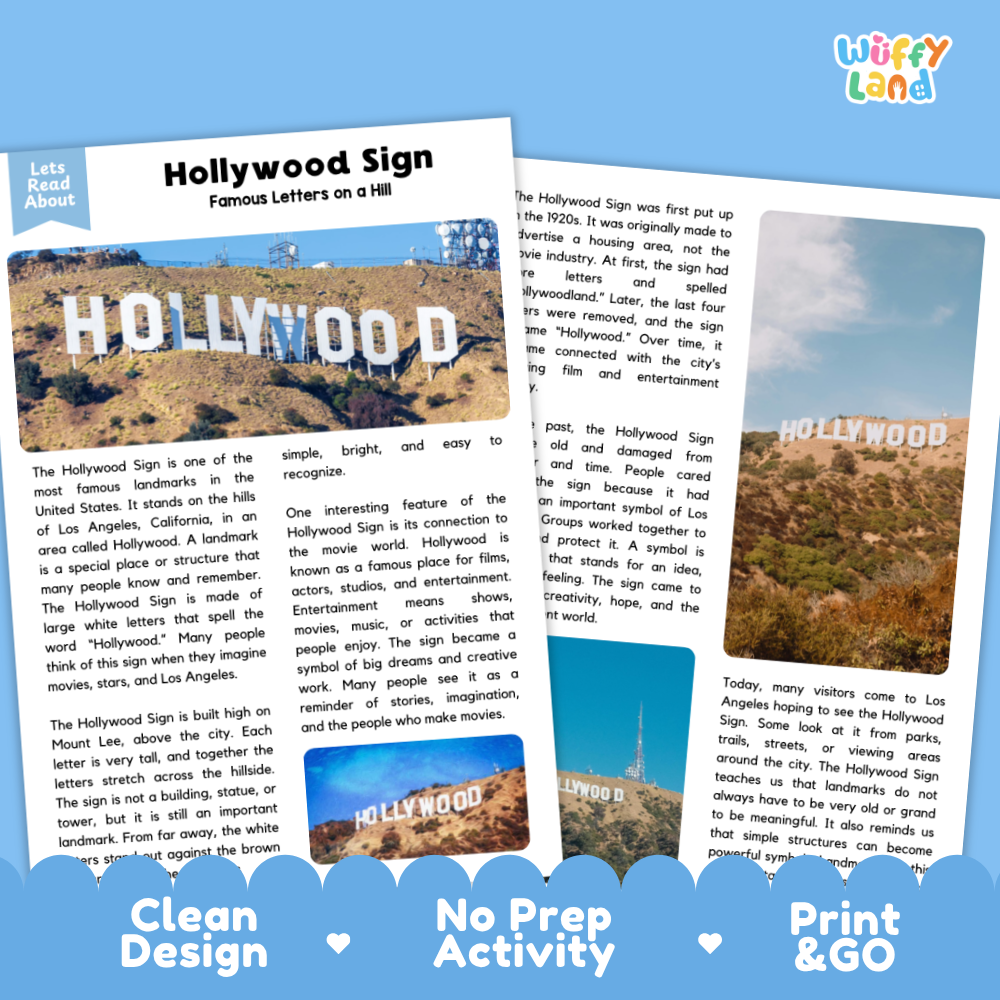 Hollywood Sign Landmark Reading Passages and Comprehension Questions Worksheets