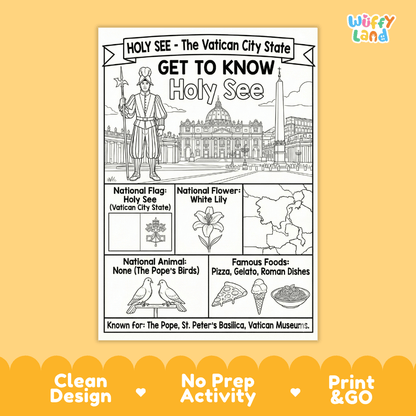 Holy See Vatican City Geography Coloring Poster | Country Study Research Worksheet Activity