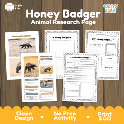 Honey Badger Animal Research Page Worksheets and Fact Sheet Activity