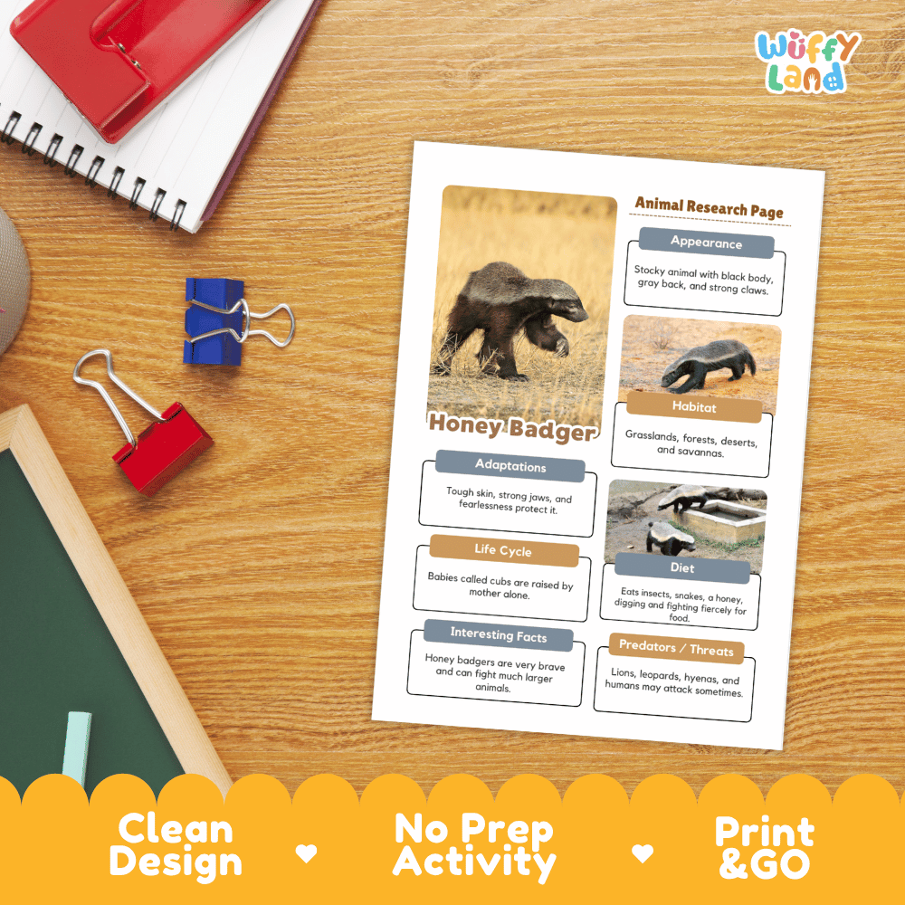Honey Badger Animal Research Page Worksheets and Fact Sheet Activity