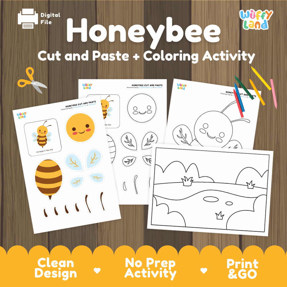 Honeybee Cut and Paste Craft and Coloring Activity Worksheets