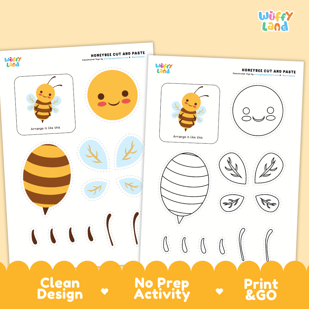 Honeybee Cut and Paste Craft and Coloring Activity Worksheets