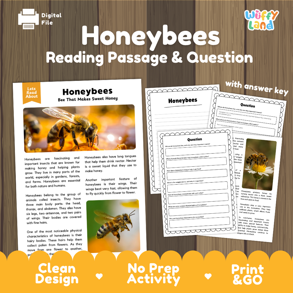 Honeybees Reading Passage and Comprehension Questions Worksheets