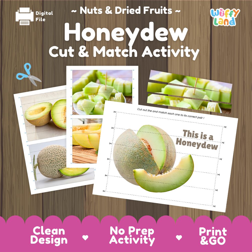 Honeydew cut and match activity cover showing printable fine motor puzzle sheets and melon photographs