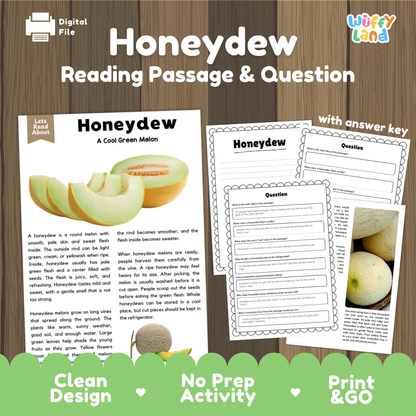 Honeydew reading comprehension passage and questions printable activity pack with answer key for elementary students