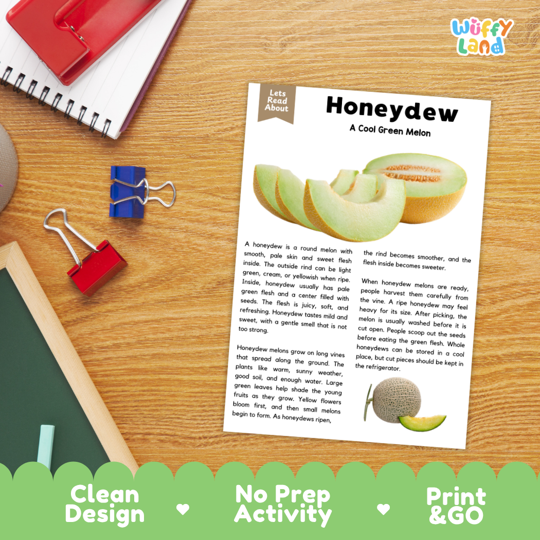 Student reading comprehension worksheet with short-answer questions and lined sections about the honeydew melon fruit