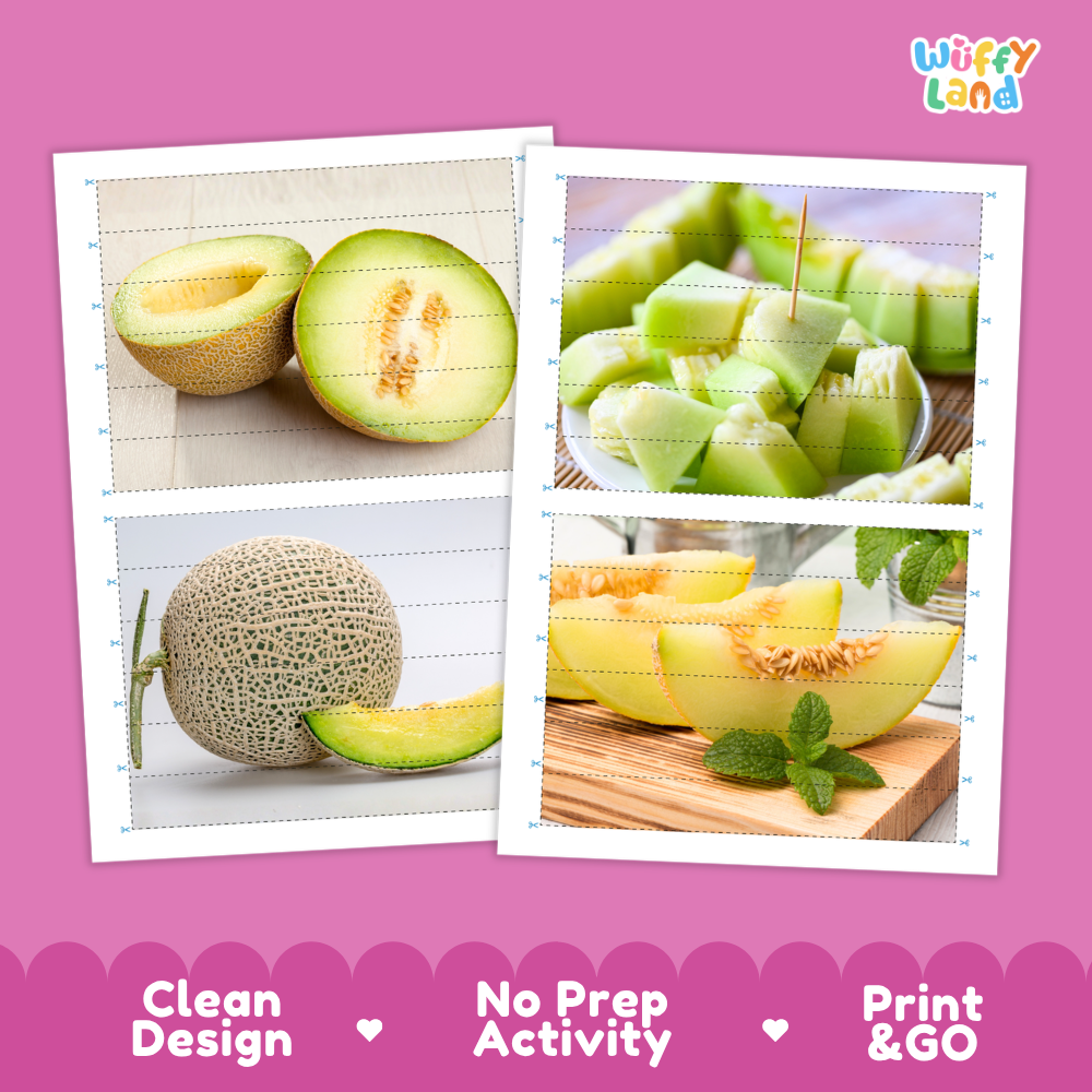 Printable activity sheets featuring photographic honeydew puzzle boards and cutting guides