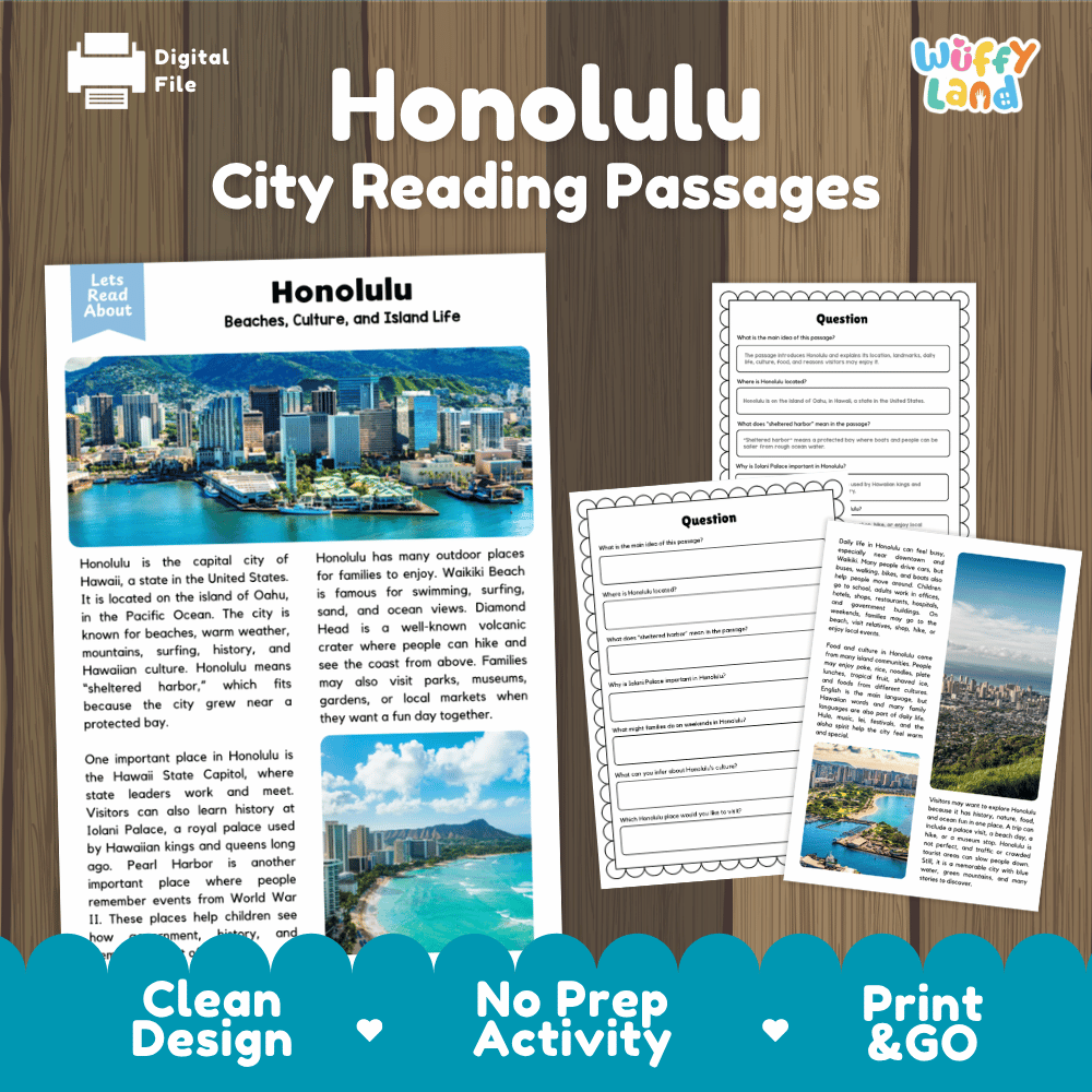Honolulu city reading passages and comprehension worksheet educational unit featuring nonfiction text and authentic Honolulu Hawaii harbor skyline photography