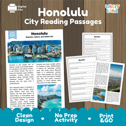 Honolulu city reading passages and comprehension worksheet educational unit featuring nonfiction text and authentic Honolulu Hawaii harbor skyline photography