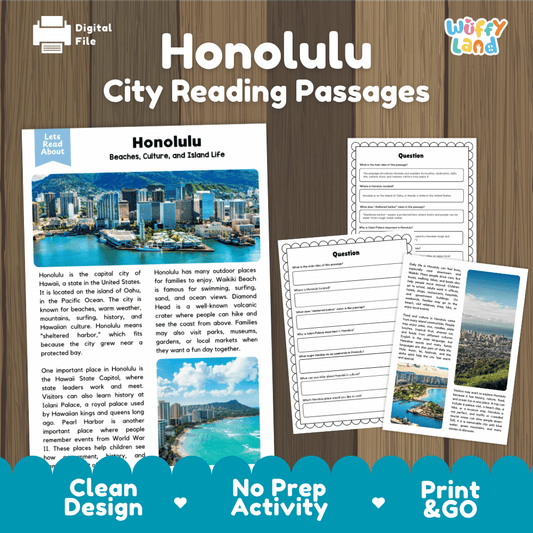 Honolulu city reading passages and comprehension worksheet educational unit featuring nonfiction text and authentic Honolulu Hawaii harbor skyline photography